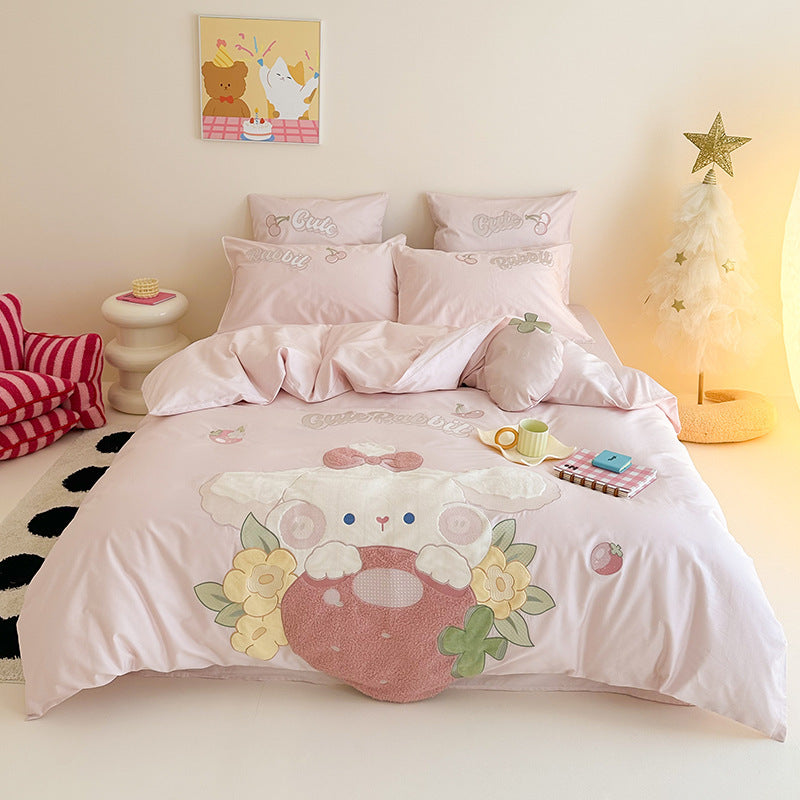 Kawaii Appliqué Cotton Sateen Duvet Cover Set with Embroidered Character & Decorative Strawberry Cushion