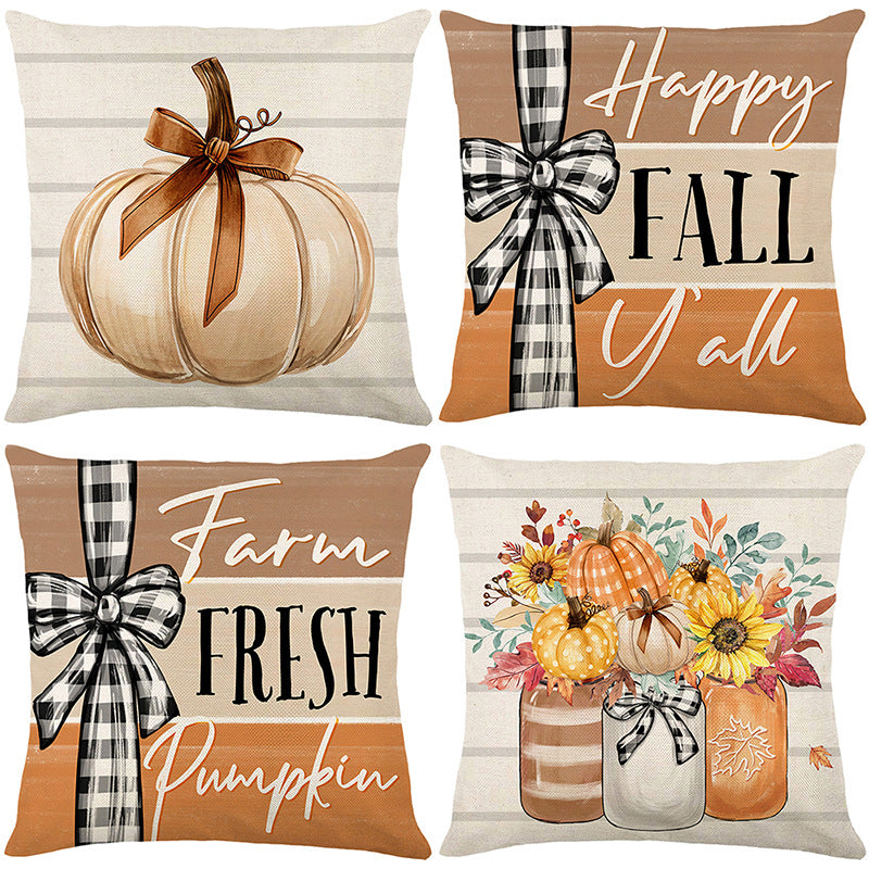 Rustic Farmhouse Autumn Pumpkin Linen-Cotton Throw Pillow Cover with Buffalo Check Bow Print