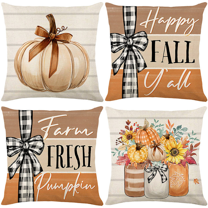 Rustic Farmhouse Autumn Pumpkin Linen-Cotton Throw Pillow Cover with Buffalo Check Bow Print