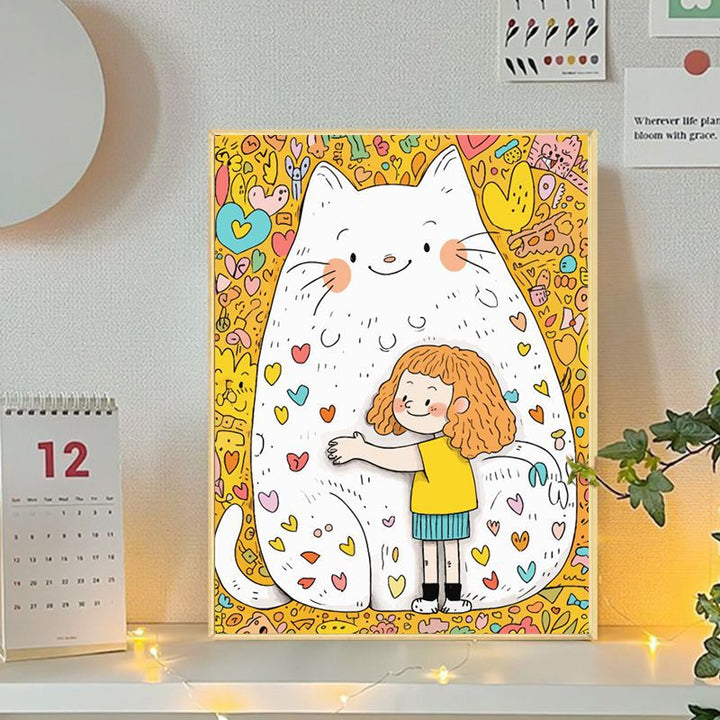 Playful Cat and Girl Illustration Canvas Art Stornfield