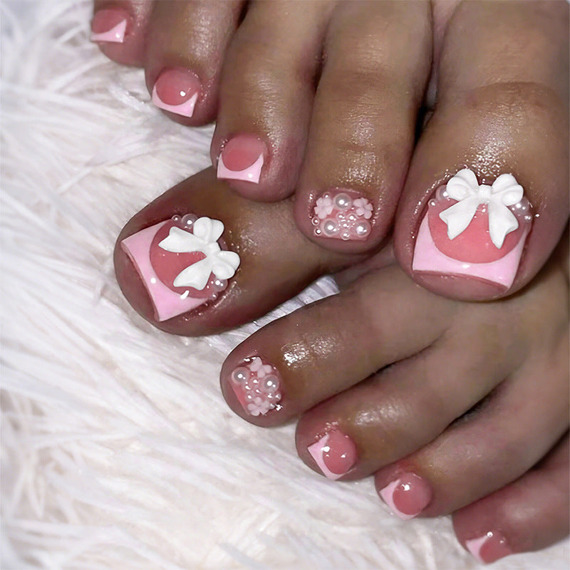 Artistic Press-On Nail Set with Decorative Bow and Gem Accents Stornfield