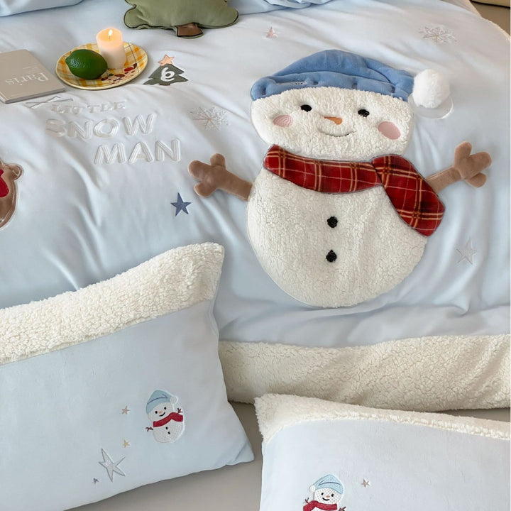 Children's Sherpa-Trim Snowman & Gingerbread Appliqué Duvet Cover Set