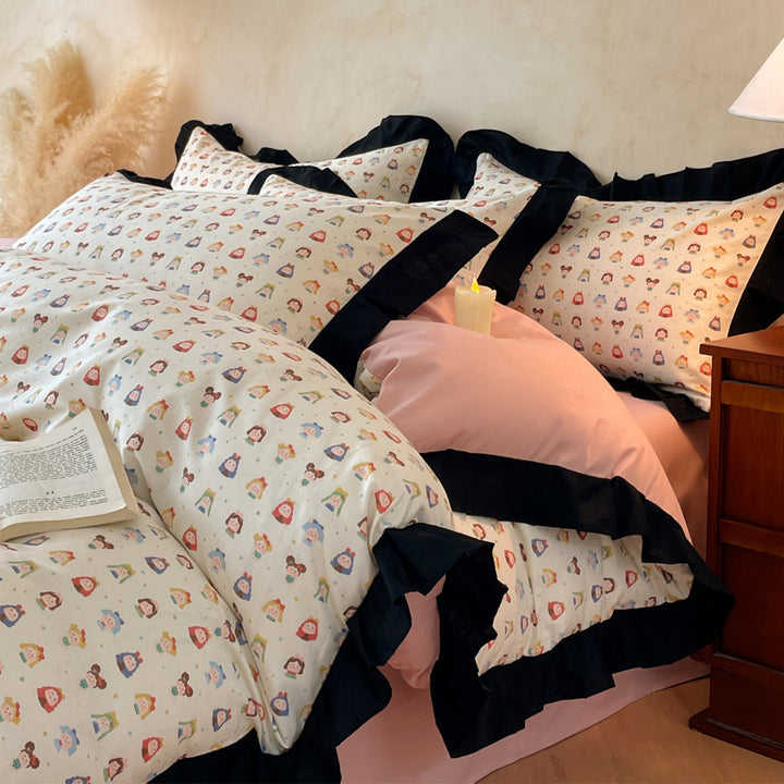 Floral Duvet Cover Set with Ruffled Contrast Border and Bunny Accent Pillow Shams