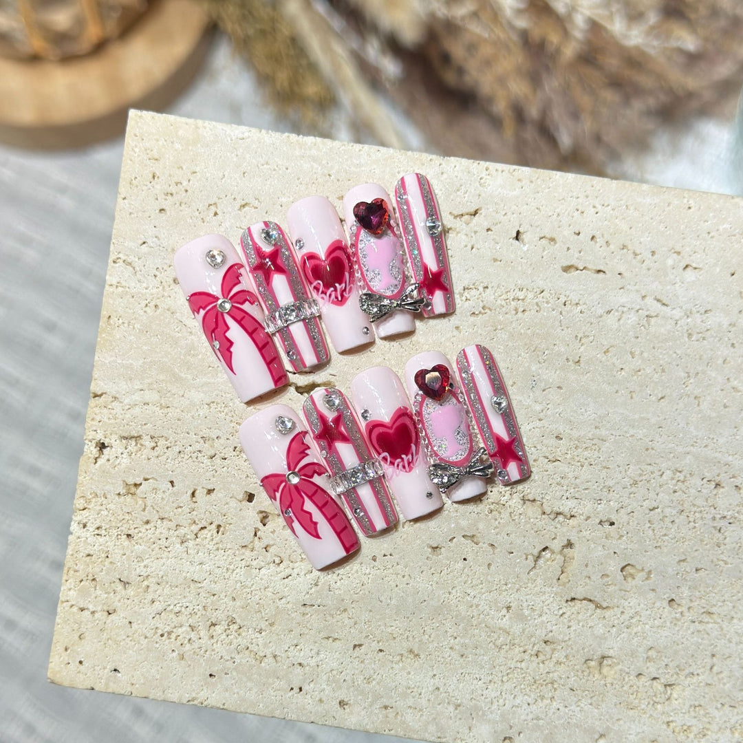 Artistic Press-On Nail Set with Playful Heart and Palm Designs Stornfield