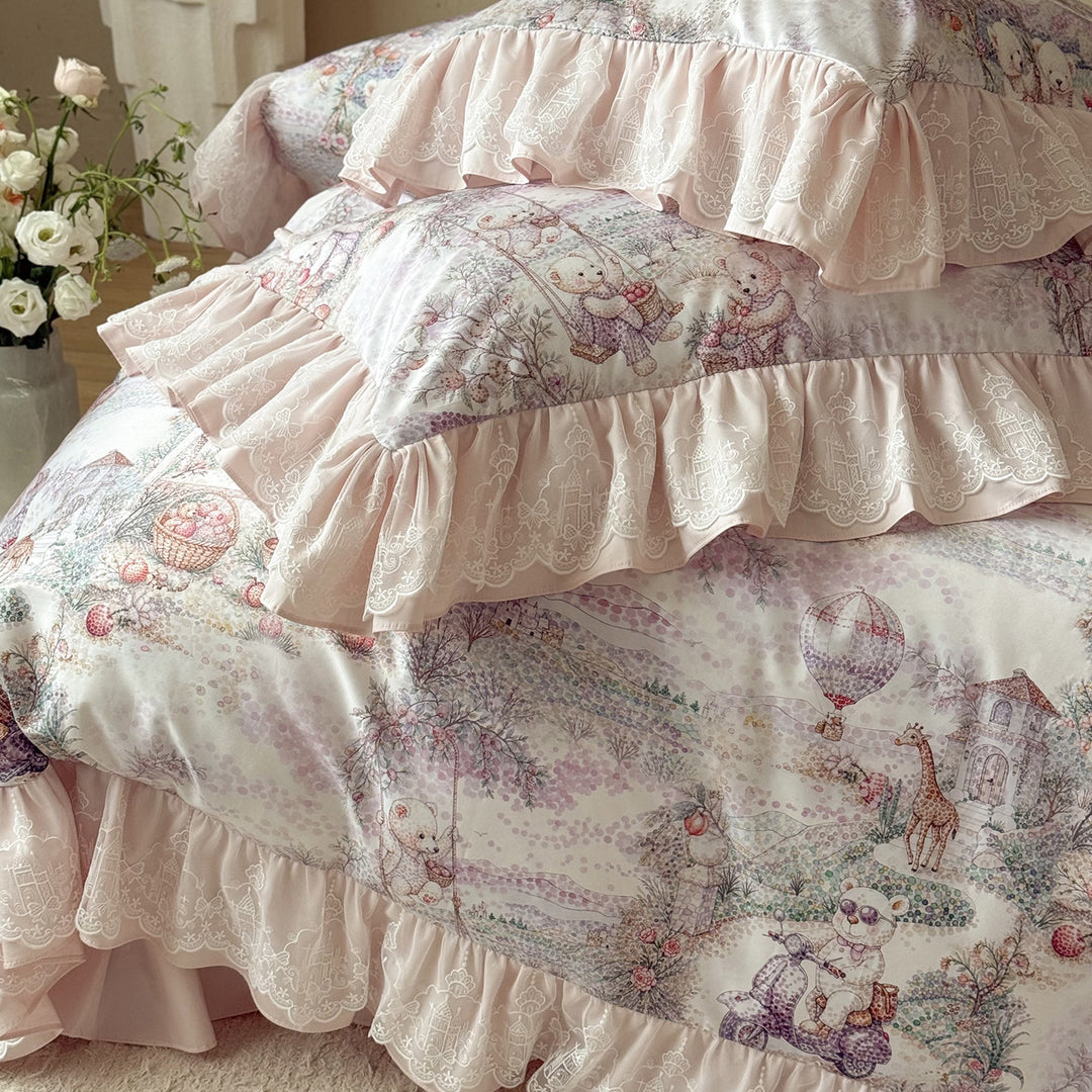 Ruffled Cotton-Sateen Reversible Duvet Cover Set with Pastel Fantasy Animal Print and Lace-Trim Pillow Shams