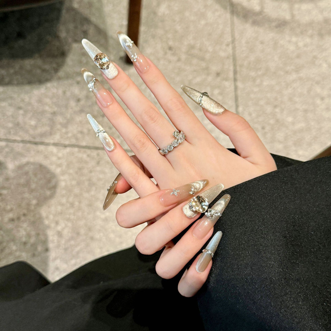 Glamorous Stiletto Press-On Nails with Rhinestone and Metallic Accents