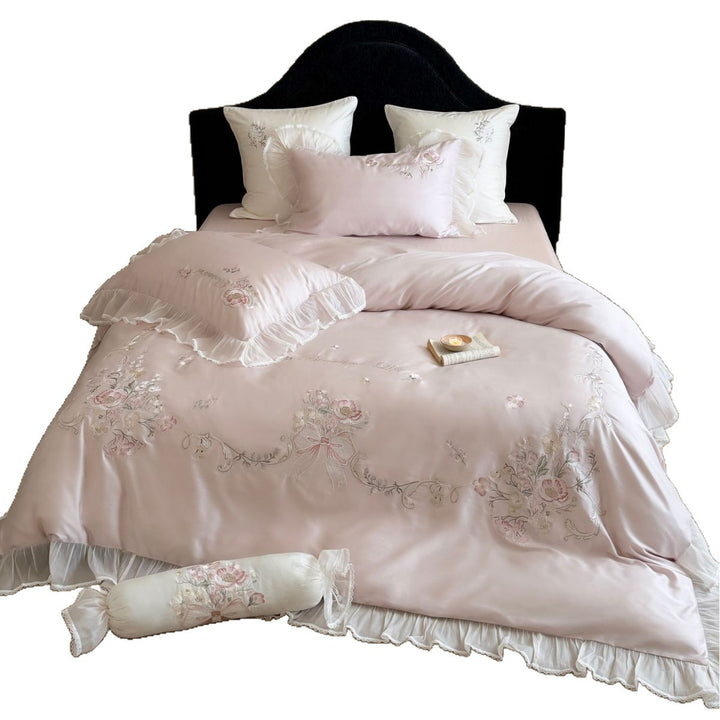 Luxurious Embroidered Satin Duvet Cover Set with Ruffled Chiffon Trim