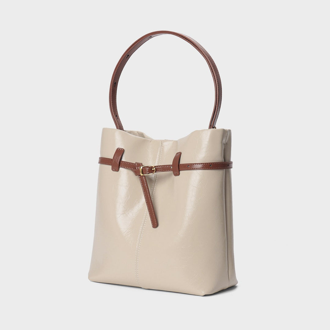Structured Leather-Look Belted Bucket Tote Shoulder Bag