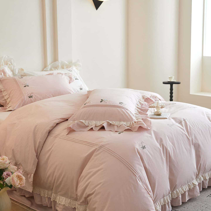 Ruffled Embroidered Cotton Duvet Cover Set with Lace Trim