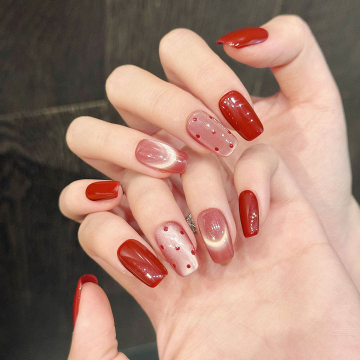 Decorative Press-On Nail Art Set with Elegant Gradient and Polka Dot Patterns