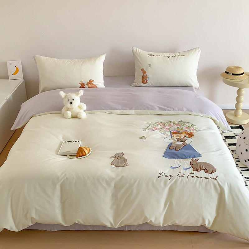 Whimsical Bunny Embroidered Cotton Duvet Cover and Pillowcase Set
