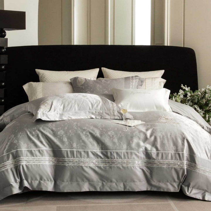 Hotel-Style Embroidered Cotton Sateen Duvet Cover Set with Lace Trim and Pillow Shams
