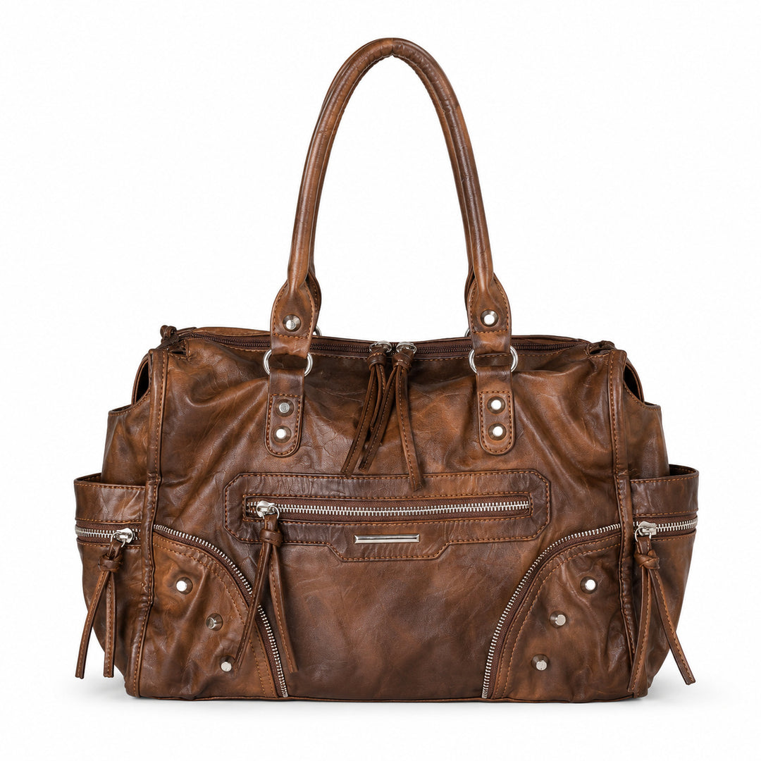 Multi-Pocket Vintage Leather Tote
