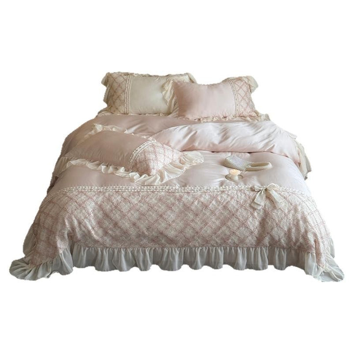 Romantic satin bedding set with ruffle, embroidered lace insert and bow appliqué