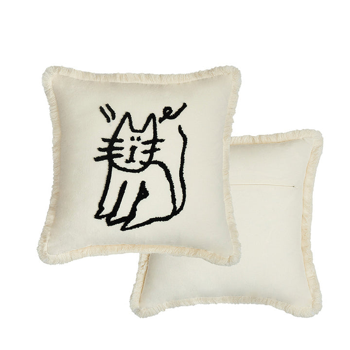 Woven decorative pillow cover with embroidered café motif and decorative fringe edge Stornfield