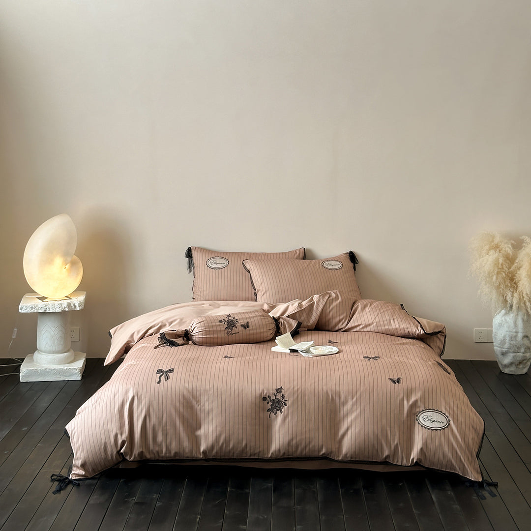 Luxury Pinstripe Cotton Duvet Cover Set with Embroidered Motifs & Ribbon-Tied Bolster