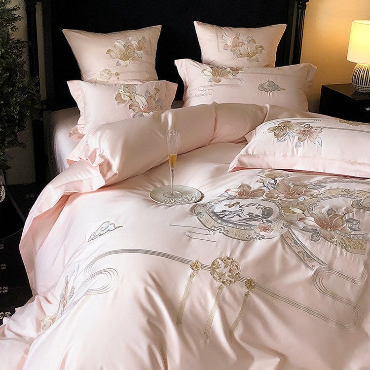 Embroidered Floral & Songbird Luxury Cotton Duvet Cover Set with Decorative Round Cushion