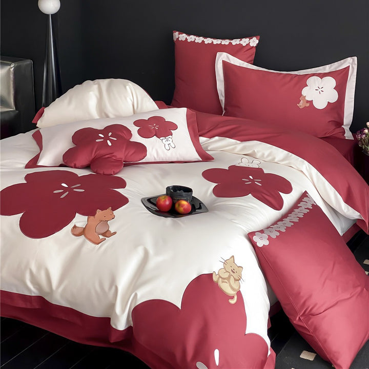Cotton Sateen Duvet Cover Set with Embroidered Fox and Cat Appliqué