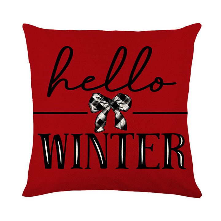 Decorative Seasonal Square Pillow Cover with Hello Winter Script and Buffalo-Check Bow Print