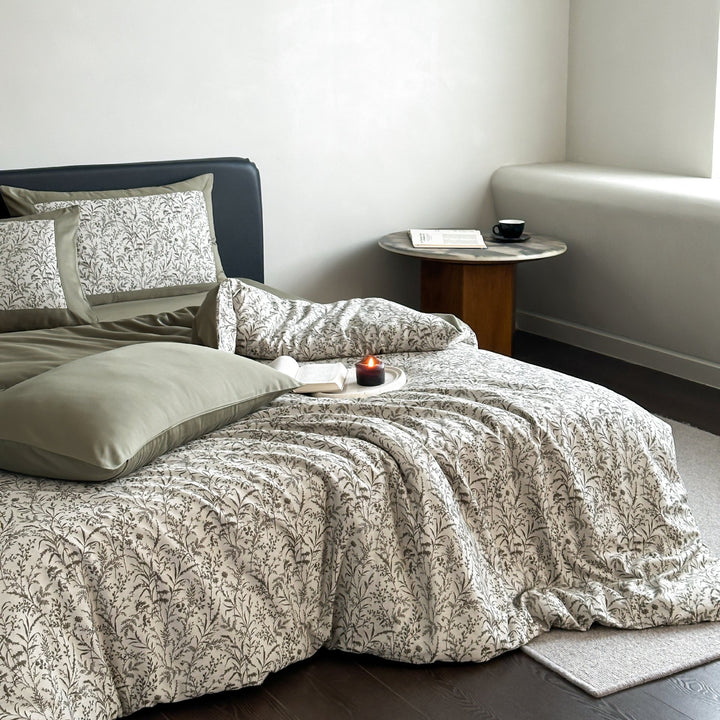 Luxury Botanical Print Cotton Sateen Duvet Cover Set