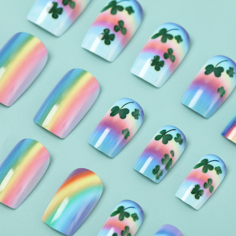 Artificial nails with colorful rainbow and clover leaf designs Stornfield