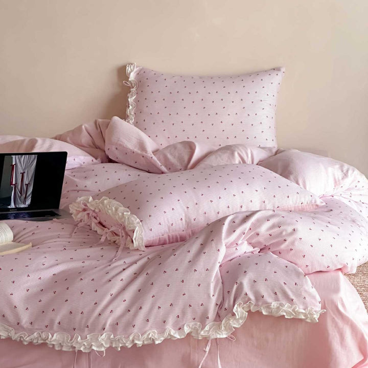 Romantic bedding set with frill, fine cherry pattern, and soft woven cotton