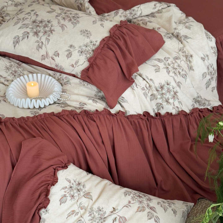 Reversible Floral Cotton-Linen Ruffled Duvet Cover Set with Gathered Bedskirt and Pillow Shams