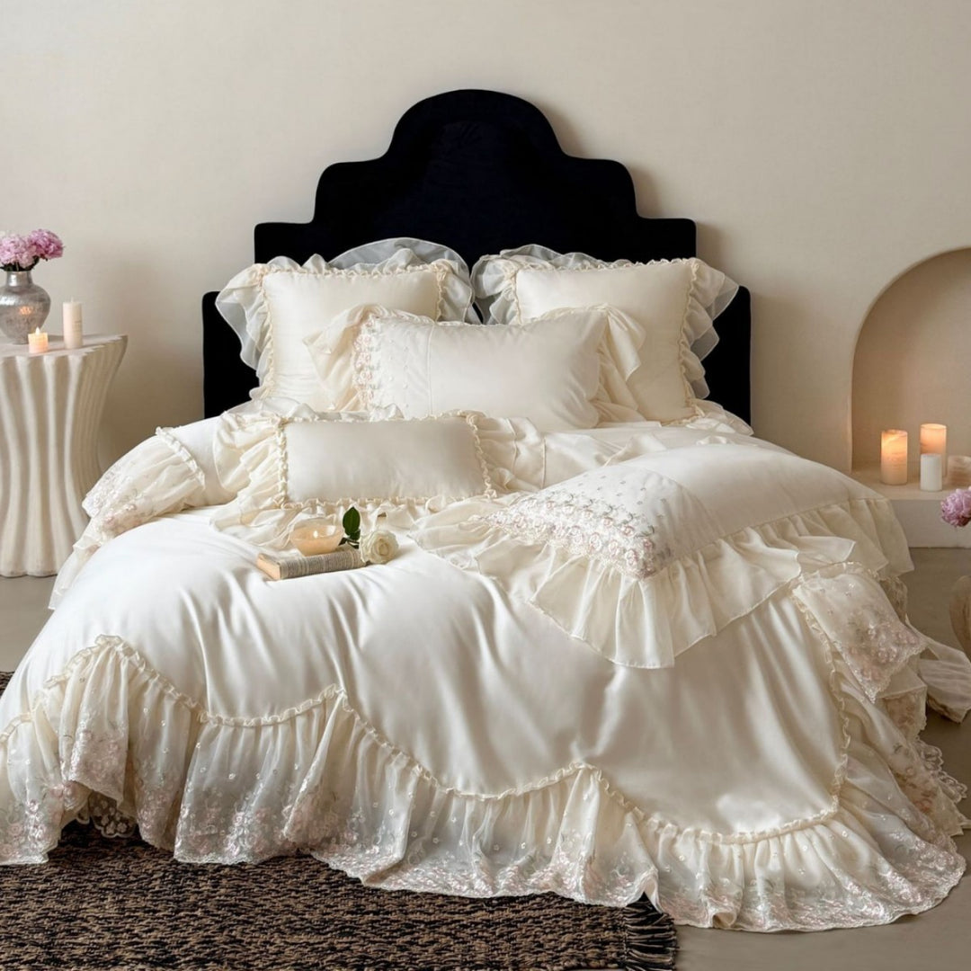 Ruffled Satin-Effect Embroidered Duvet Cover Set with Lace Trim