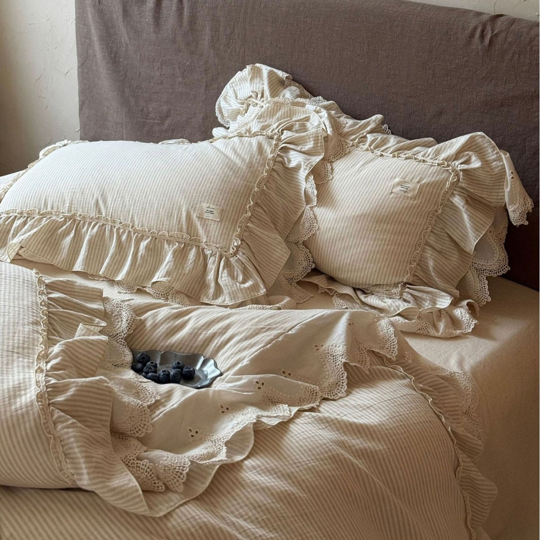 Reversible Striped Cotton Ruffle Duvet Cover Set with Lace-Trim Pillow Shams