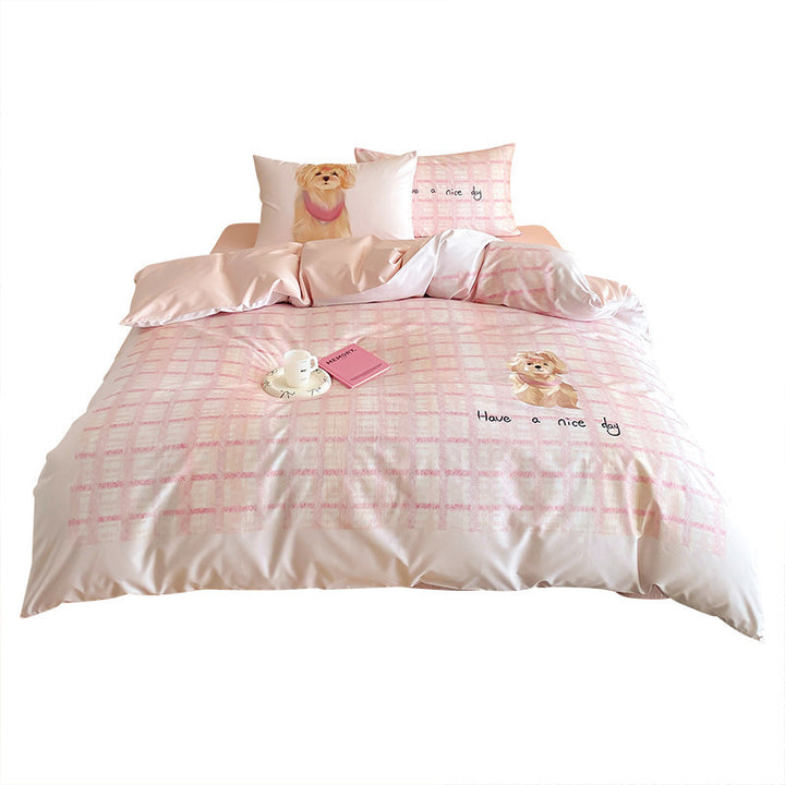 Playful Pink Plaid Cotton Sateen Duvet Cover Set with Cute Dog Print & Reversible Silky Finish