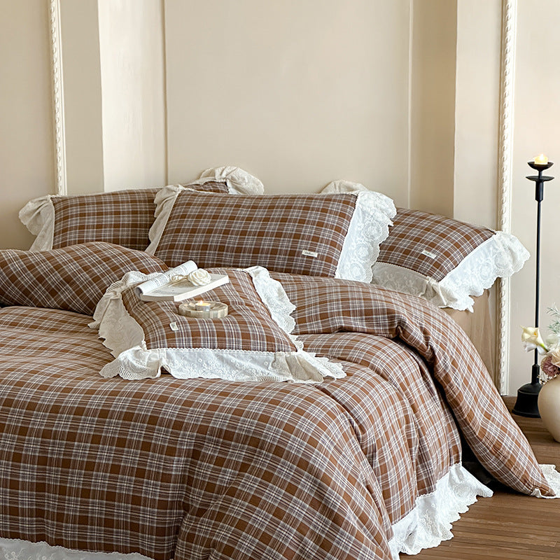 Plaid Cotton Duvet Cover Set with Lace Ruffle Trim