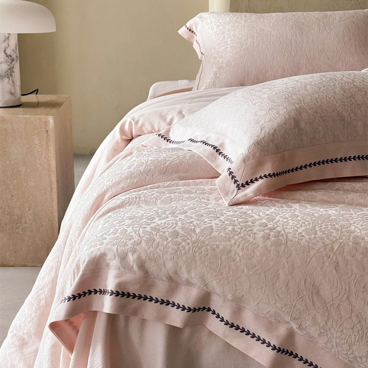 Jacquard Cotton Sateen Duvet Cover Set with Embroidered Leaf Border and Oxford Shams