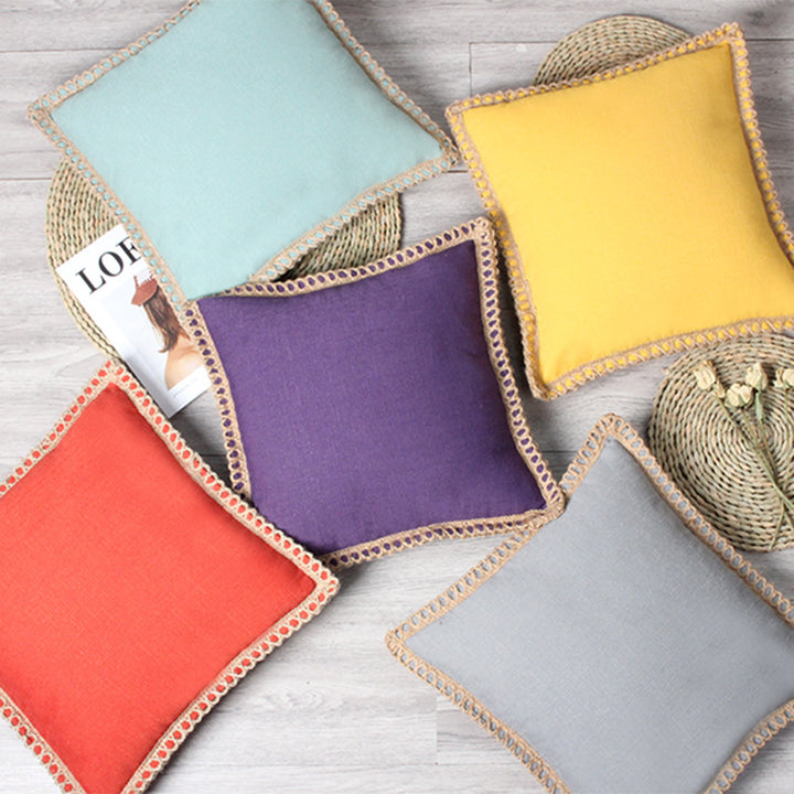 Decorative Linen Throw Pillow Pair with Braided Fringe Trim