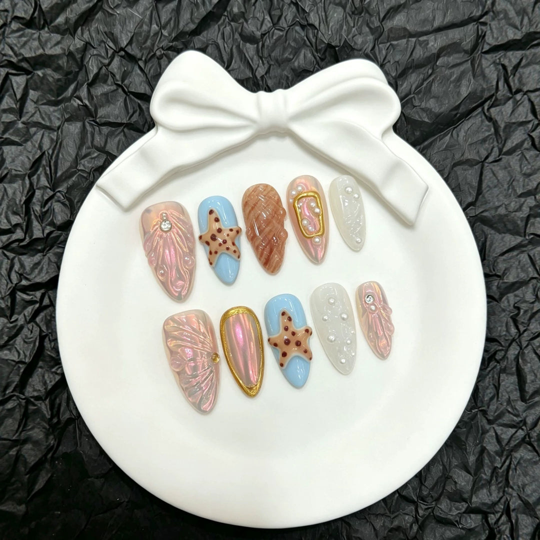 Decorative Press-On Nail Art Set with Unique Marine-Themed Designs