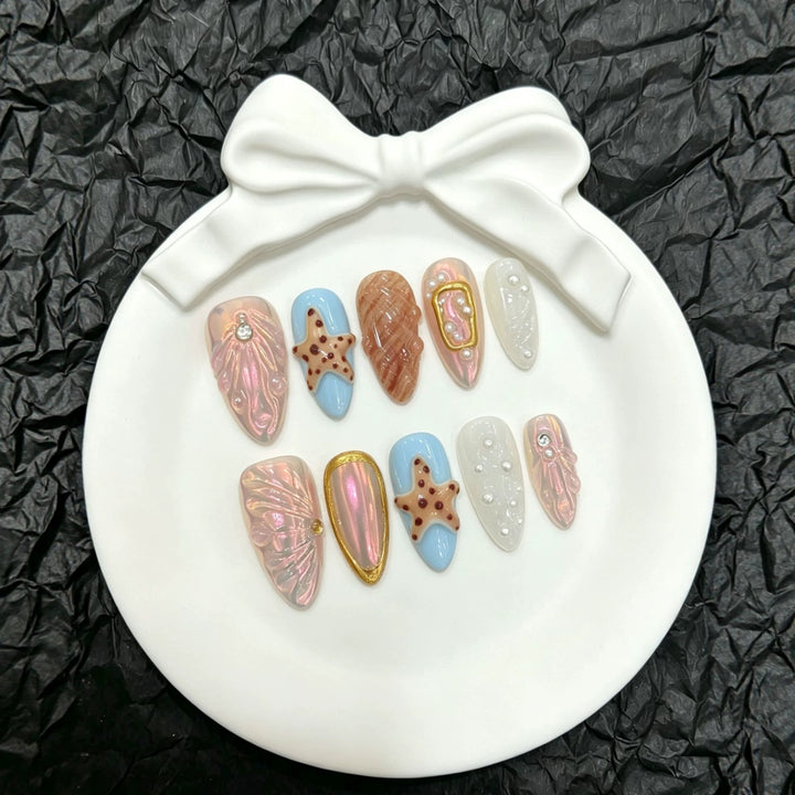 Decorative Press-On Nail Art Set with Unique Marine-Themed Designs