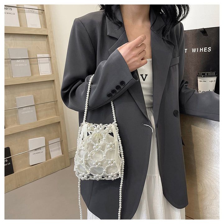 Elegant Pearl-Embellished Drawstring Handbag