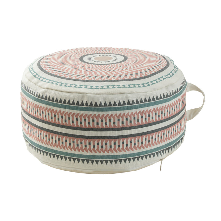 Round padded floor seat pouf with woven ethnic pattern and carrying handle Stornfield