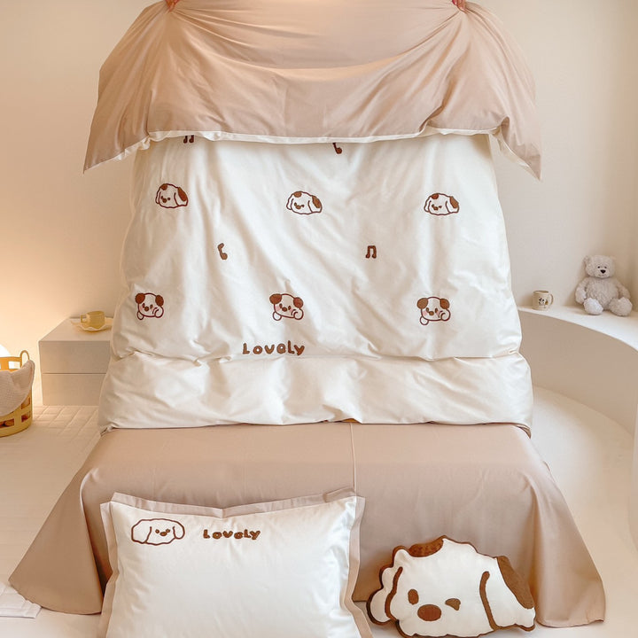 Embroidered Cartoon Rabbit Cotton Sateen Duvet Cover Set with Plush Accent Pillow