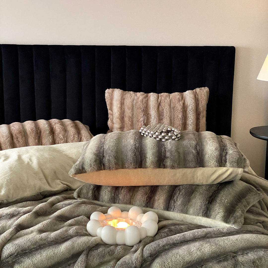 Luxury faux fur blanket with matching ribbed decorative pillow