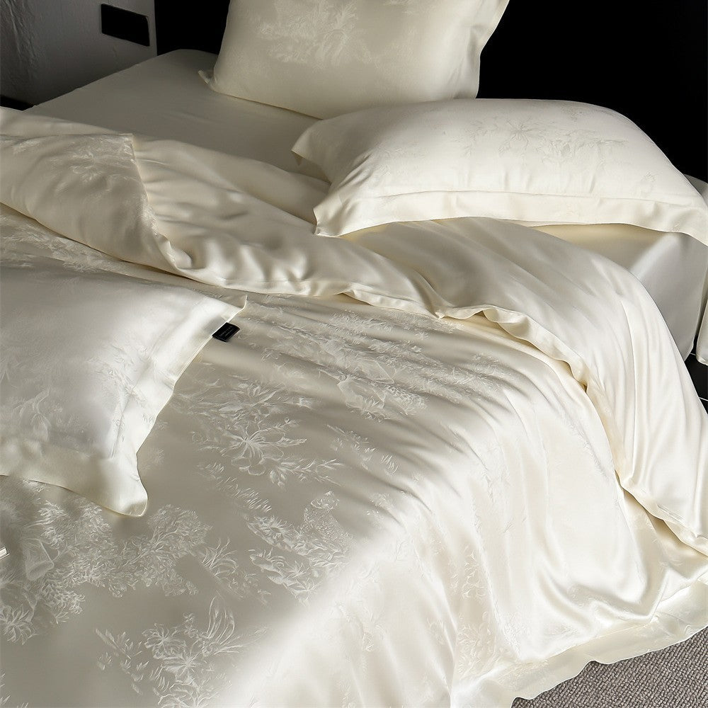 Elegant satin bedding set with subtle jacquard floral relief and silky shine
