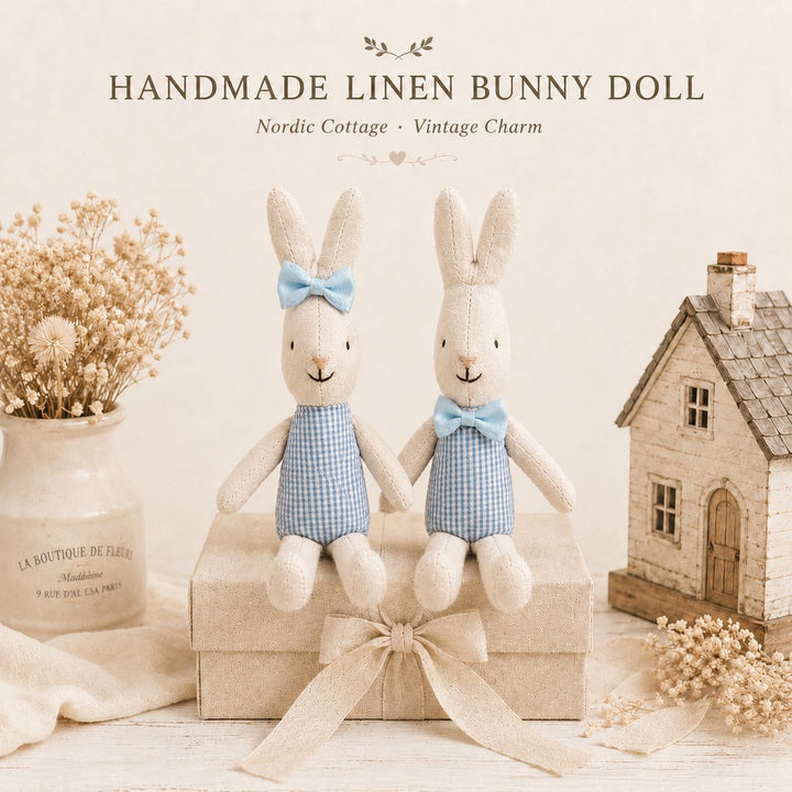 Hand-Sewn Linen Bunny Comforter Doll with Gingham Pocket Dress