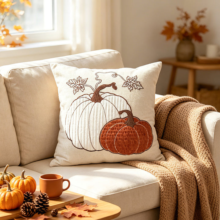 Autumn Pumpkin Embroidered Lumbar Accent Pillow Cover