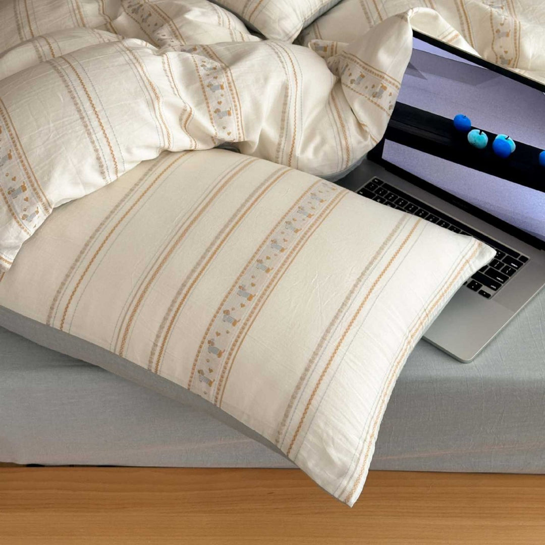 Reversible Cotton-Linen Duvet Cover Set with Handcrafted Stripe & Folk Motif