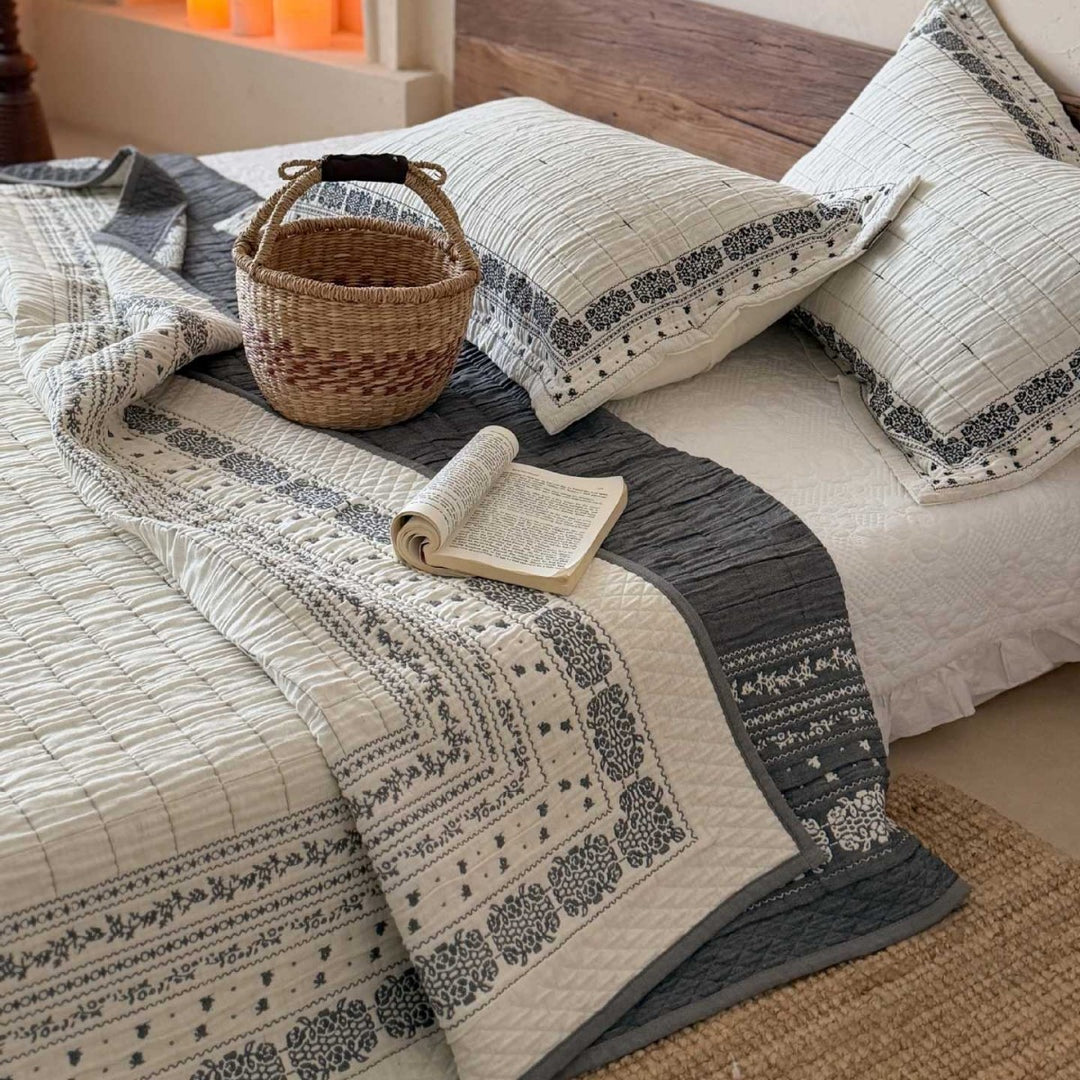 Quilted Cotton Reversible Bedspread with Botanical Embroidery and Matching Pillow Shams