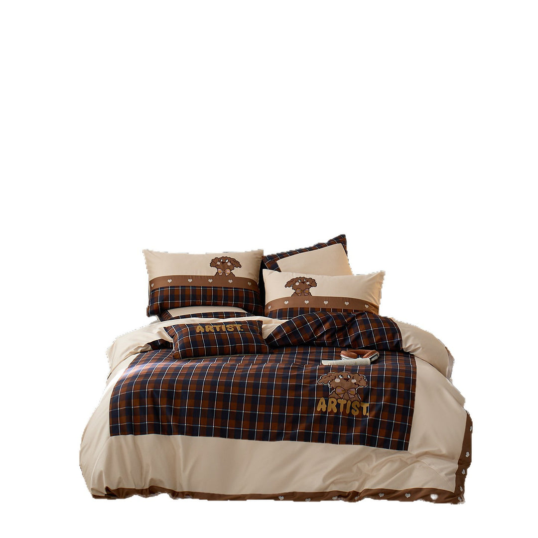 Plaid Cotton Sateen Duvet Cover Set with Embroidered Cartoon Dog and Matching Pillow Shams