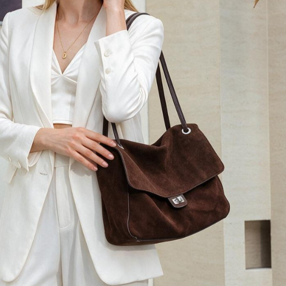 Suede Shoulder Tote Bag with Flap and Turn-Lock Closure