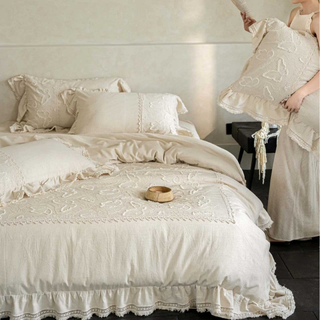 Linen bed linen set in Boho style with ruffles, relief embroidery and stonewashed finish