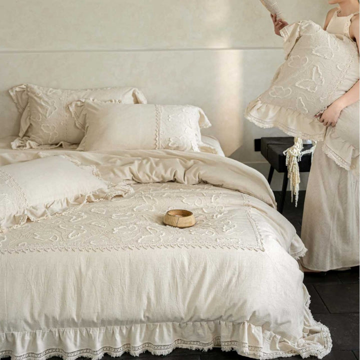 Linen bed linen set in Boho style with ruffles, relief embroidery and stonewashed finish