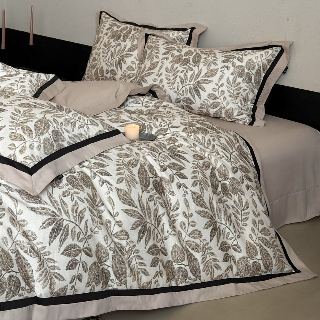 Botanical-Illustration Cotton Sateen Duvet Cover Set with Piped Border & Oxford Shams