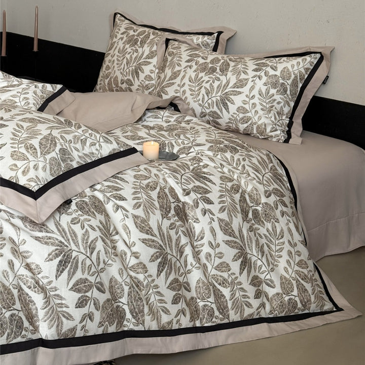 Botanical-Illustration Cotton Sateen Duvet Cover Set with Piped Border & Oxford Shams